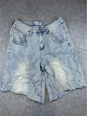 Y2K PTCL Denim Shorts Women Size 11 32 W Light Wash Embroider Queen Patch Baggy